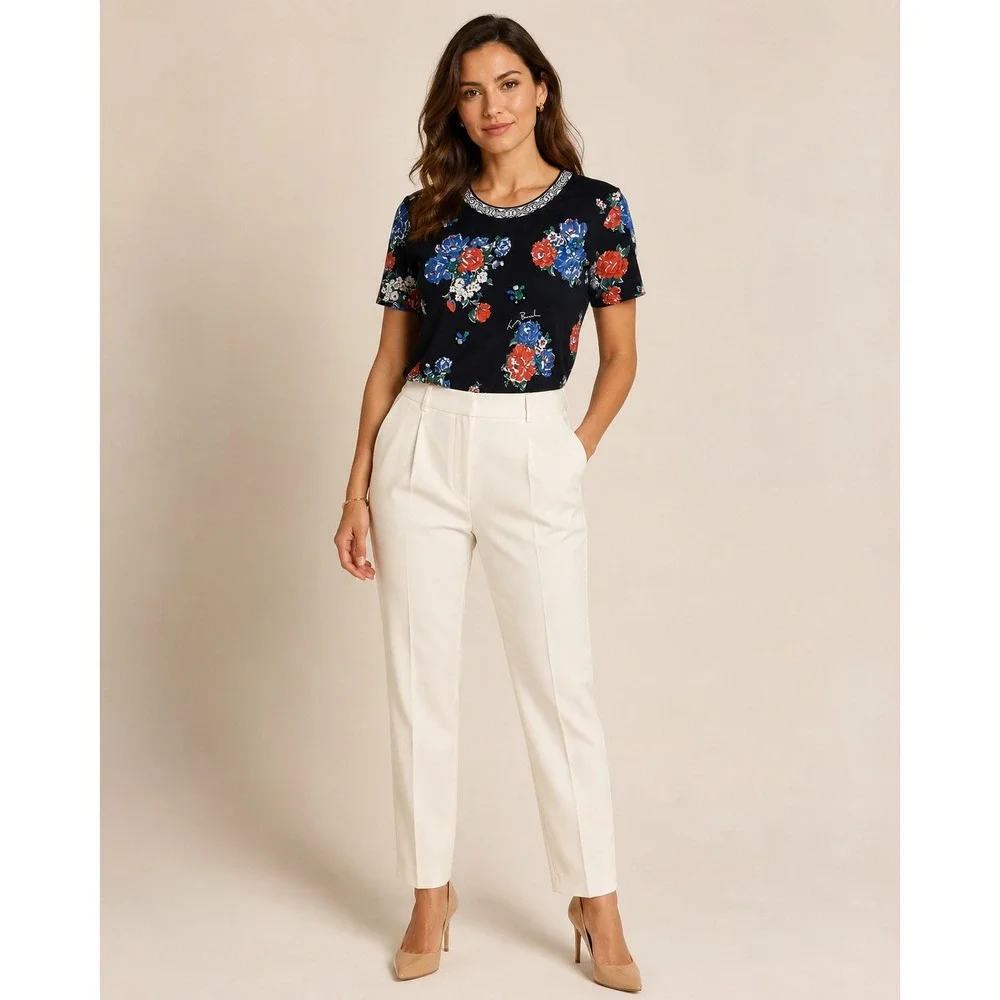 Tory Burch Women's Medium Navy Tea Rose Floral Embellished T-Shirt